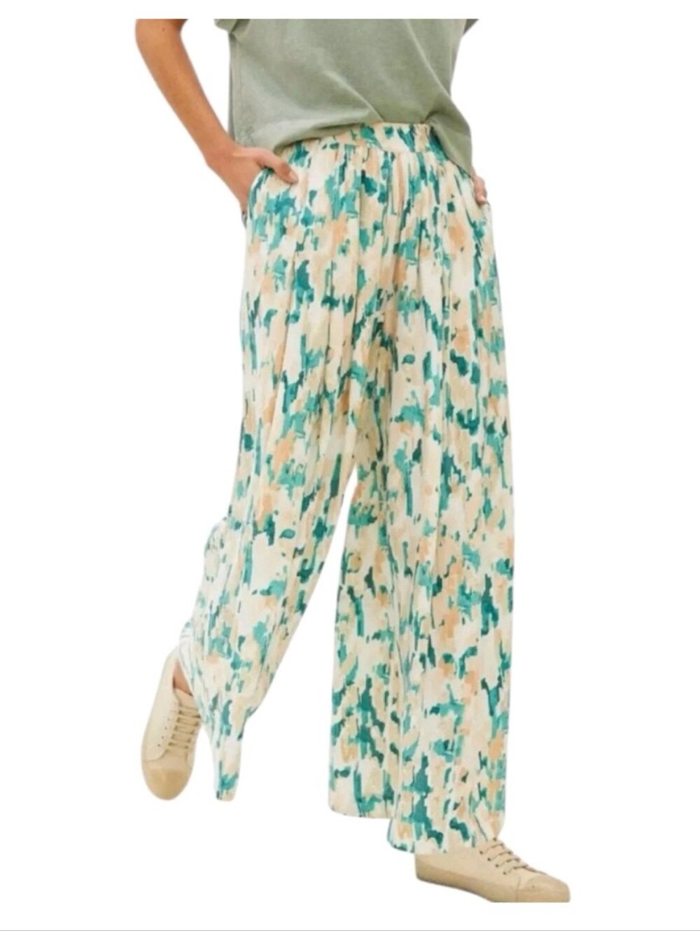 Maeve Anthropologie Gabriela Wide-Leg Palazzo Pants Green Motif Size XL Floral